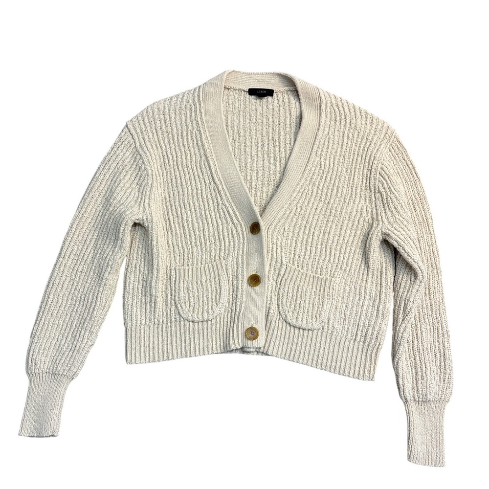 J.Crew Womens Ivory Cream Shaker Stitch Cropped Cardigan Sweater Size S Pocket